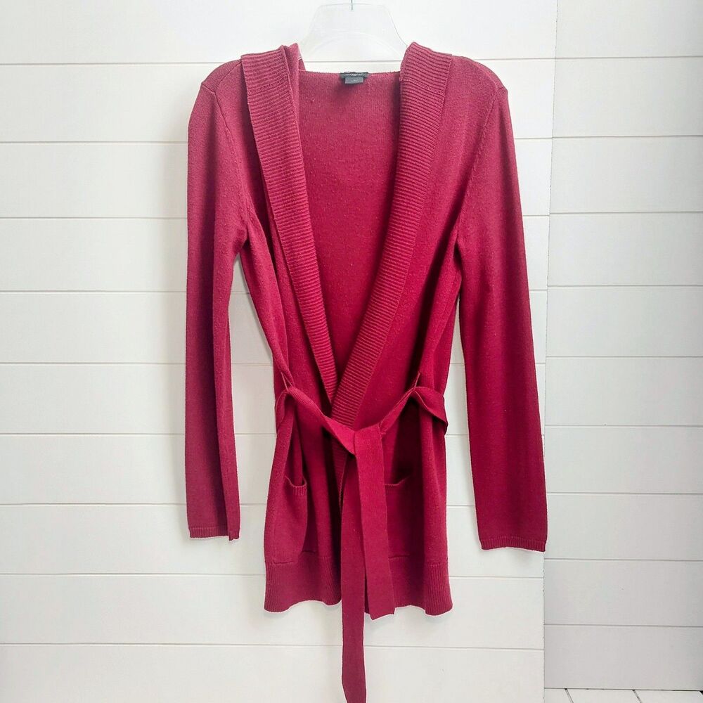 Ann Taylor Open Duster Hoodie Sweater Cardigan Women's Medium Pockets Red Belt